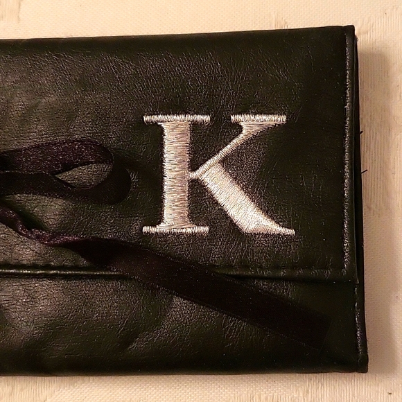 NEW Faux Leather Jewelry Wrap/Travel Case! Black with Silver K Monogram - Picture 3 of 10